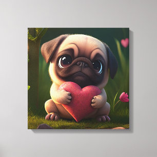 Impressão Em Tela Cute Pug com Coração
