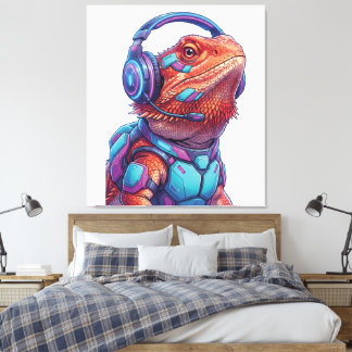 Impressão Em Tela Cyberpunk Bearded Dragon - Gamer Lizard with Heads