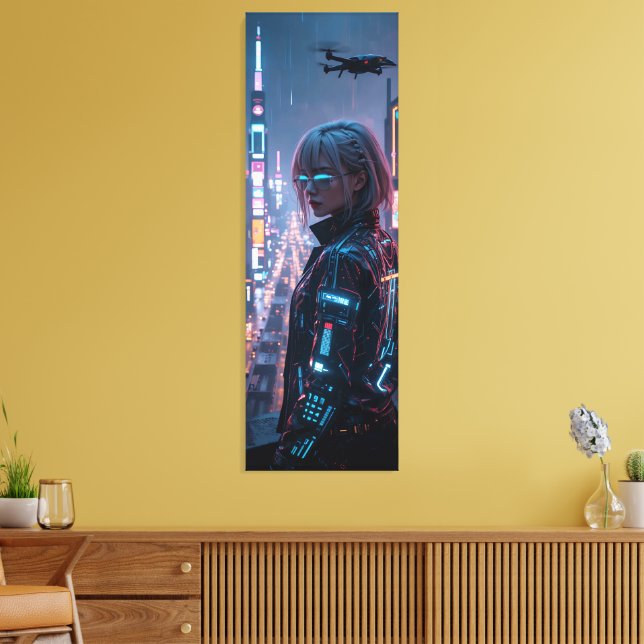 Impressão Em Tela Cyberpunk Cityscape Poster Futurística Female Hack (Insitu(Sala de estar))