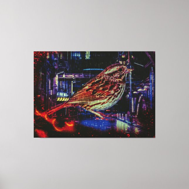 Impressão Em Tela Cyberpunk Sparrow em Neon Cityscape (Frente)