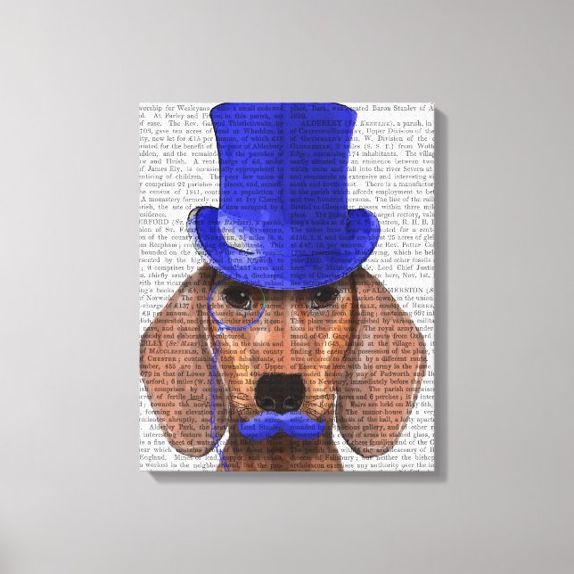 Impressão Em Tela Dachshund com Chapéu Azul e bigode Azul (Frente)