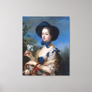 Impressão Em Tela Dama Antiga Com Chapéu Azul & Cesto De Flores