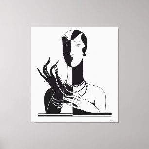 Impressão Em Tela Dama Art Déco Vintage com Pérolas Preto Transp