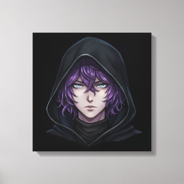 Impressão Em Tela Dark Hoodie Anime Boy with Purple Hair (Frente)