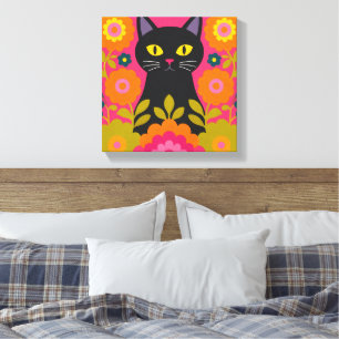 Impressão em Tela de Arte Popular Gato Preto Color