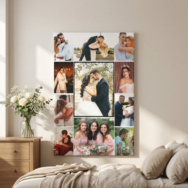 Impressão em Tela de Colagem de Fotos Personalizad (Personalized 11-Photo Wedding Collage Canvas Print Elegant Custom Wall Art)