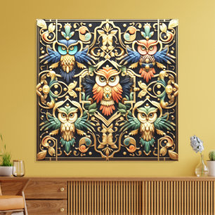 Impressão em Tela de Corujas Arco-íris Art Déco