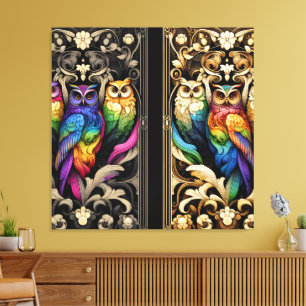 Impressão em Tela de Corujas Arco-íris Art Déco