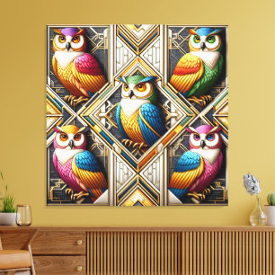 Impressão em Tela de Corujas Arco-íris Art Déco