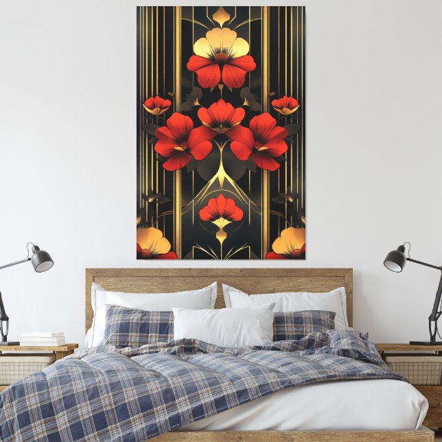 Impressão Em Tela Deco Floral Dourado Geométrico e Vermelho (Insitu(Quarto))