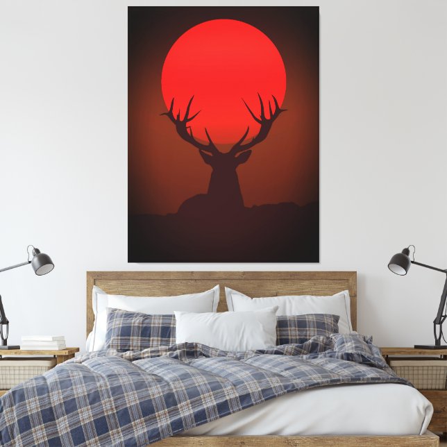 Impressão Em Tela Deer Silhouette with Fiery Red Sunset (Insitu(Quarto))