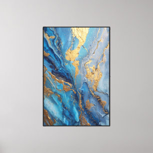 Impressão Em Tela Deriva Mineral Azul e Dourado Abstrato