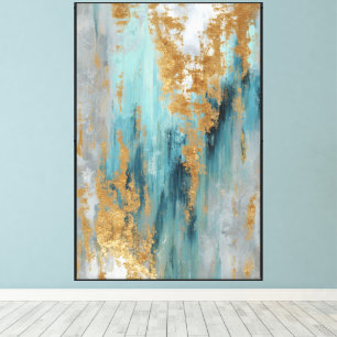 Impressão Em Tela Deriva Vertical: Abstrato em Verde-azulado e Doura