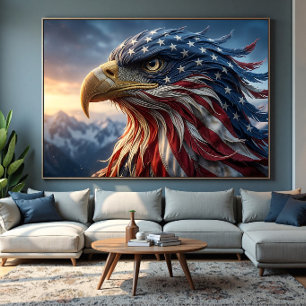 Impressão Em Tela Desenho de Águia Americana com Bandeira dos EUA
