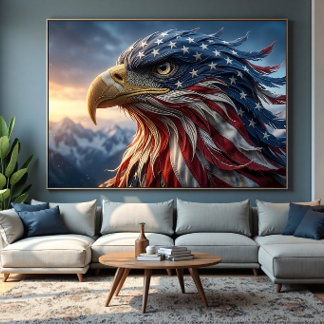 Impressão Em Tela Desenho de Águia Americana com Bandeira dos EUA