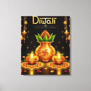 Impressão Em Tela Desenho Tradicional de Diwali Kalash e Diyas Festi