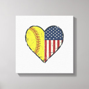 Impressão Em Tela Desenho Vetorial Vintage Coração de Softbol Patrió