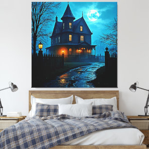 Impressão Em Tela Design Mansão Assombrada sob Luz de Lua Azul Notur