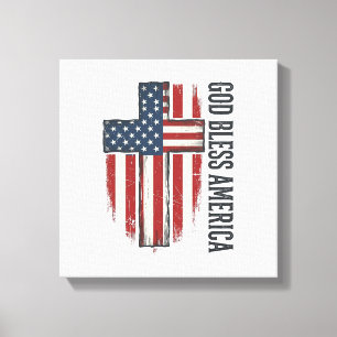 Impressão Em Tela Deus Abençoe a América Design de Cruz Patriótica V