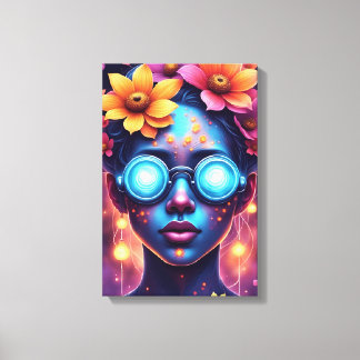 Impressão Em Tela Deusa Neon Flower - Retrato Fantástico Futuro