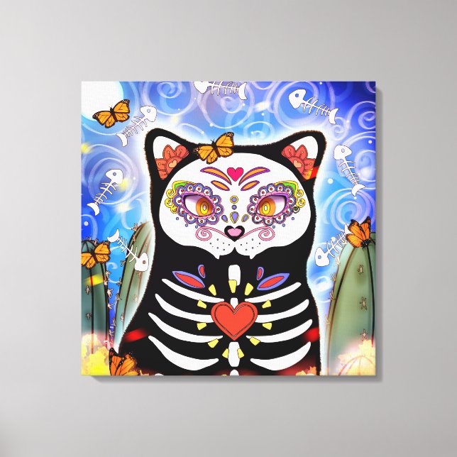 Impressão Em Tela Dia De Los Muertos Cat (Frente)