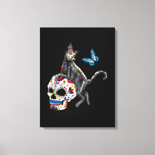 Impressão Em Tela Dia Dos Mortos Gato Caveira de Açúcar e Borboleta