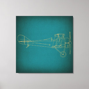 Impressão Em Tela Diagrama Vintage do Avião Teal Azul Estilo Retroa
