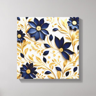 Impressão Em Tela Disposição Floral Dourada e Azul Elegante