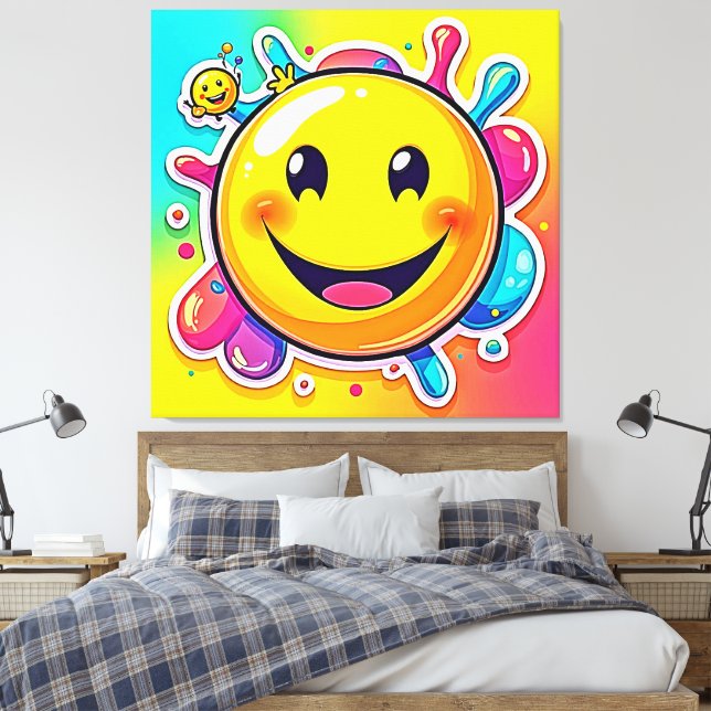 Impressão Em Tela Diversão Emoji Feliz Splashy (Insitu(Quarto))