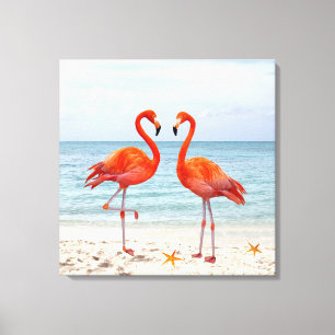 Impressão Em Tela Dois Flamingos Rosa Vibrante na Tela da Praia