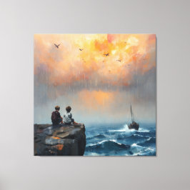 Impressão Em Tela Dois meninos assistindo um barco no mar