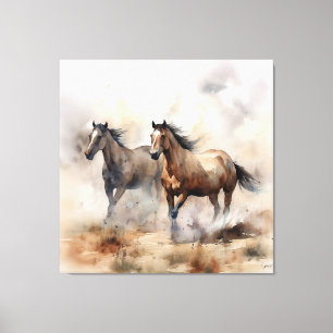 Impressão Em Tela “Dois Mustangs Selvagens” Aquarela Ocidental Empoe
