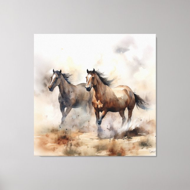 Impressão Em Tela "Dois Mustangs Selvagens" Dusty Western Watercolor (Frente)
