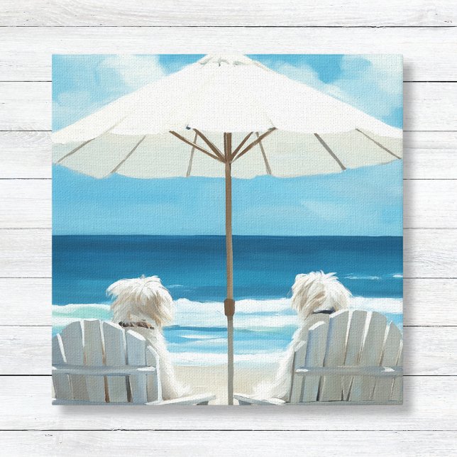 Impressão Em Tela Dois Terriers Brancos Relaxando na Praia - Criança (White Terrier Dogs on the Beach Under Umbrella - Cute Coastal Wall Art for Animal Lovers)