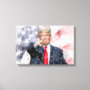 Impressão Em Tela Donald Trump apontando com a bandeira americana