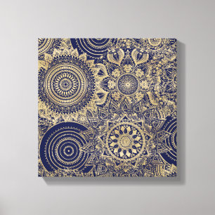Impressão Em Tela Dourado Design Azul de Coleção Mandala