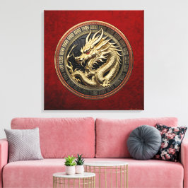 Impressão Em Tela Dragão Dourado Sagrado Oriental sobre Medalhão