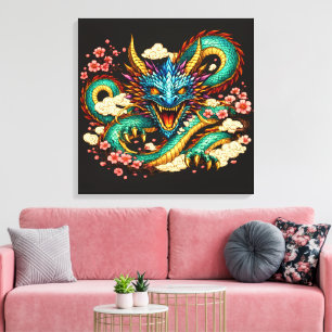 Impressão Em Tela Dragão Oriental & Arte Fantástica de Flores de Cer