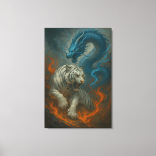 Impressão Em Tela Dragão vs Tigre Branco – Arte Mural de Fantasia Mí
