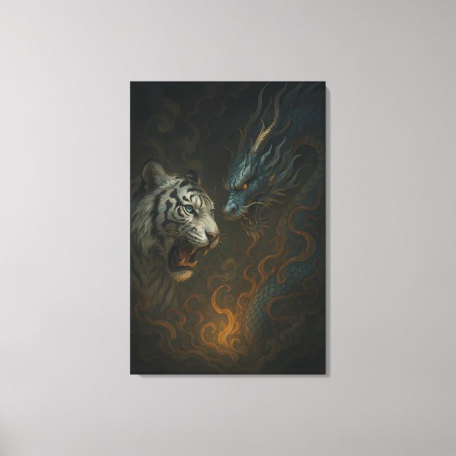 Impressão Em Tela Dragon vs White Tiger – Mystical Fantasy Wall Art  (Frente)