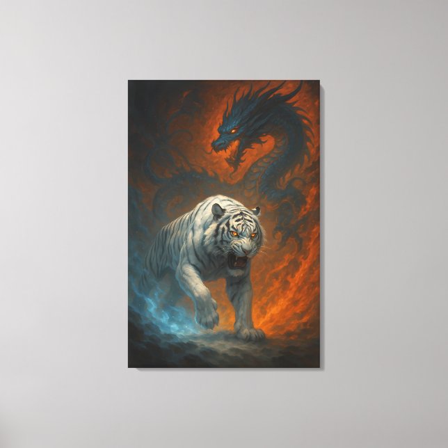 Impressão Em Tela Dragon vs White Tiger – Mystical Fantasy Wall Art  (Frente)