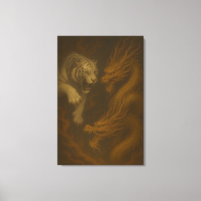 Impressão Em Tela Dragon vs White Tiger – Mystical Fantasy Wall Art  (Frente)