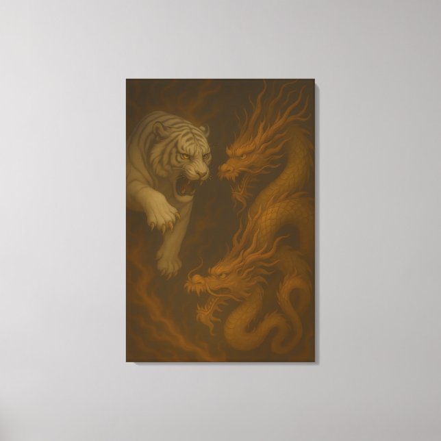Impressão Em Tela Dragon vs White Tiger – Mystical Fantasy Wall Art  (Frente)