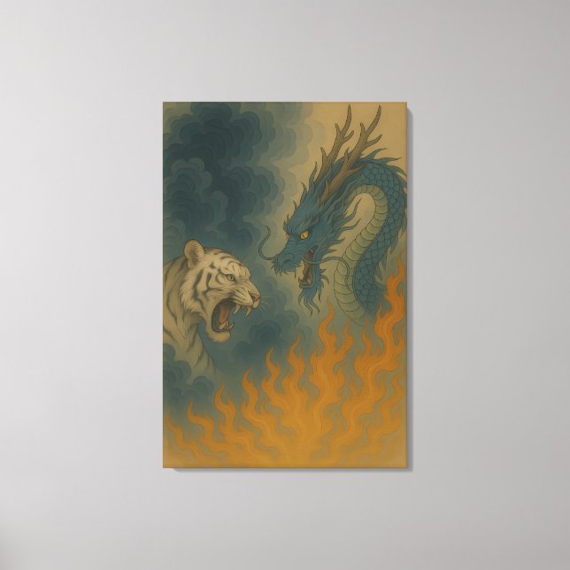 Impressão Em Tela Dragon vs White Tiger – Mystical Fantasy Wall Art  (Frente)