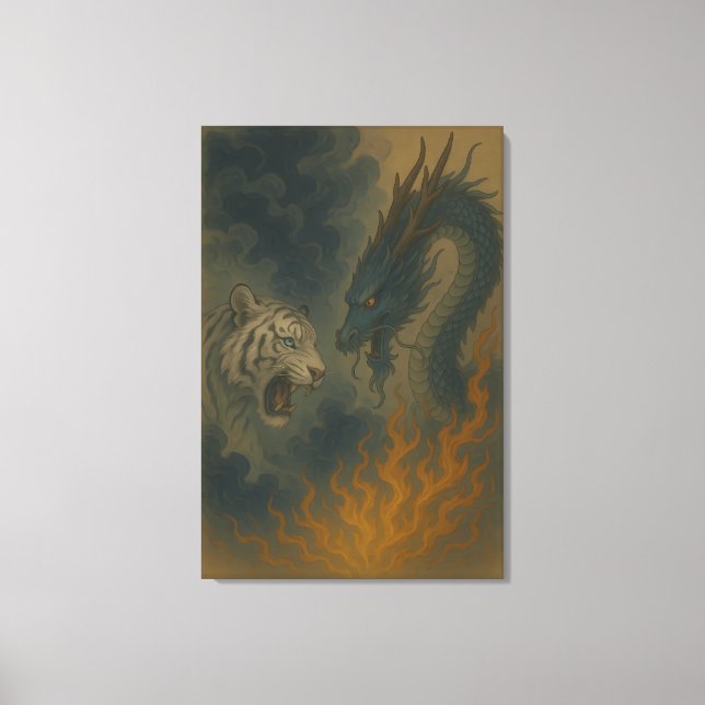 Impressão Em Tela Dragon vs White Tiger – Mystical Fantasy Wall Art  (Frente)