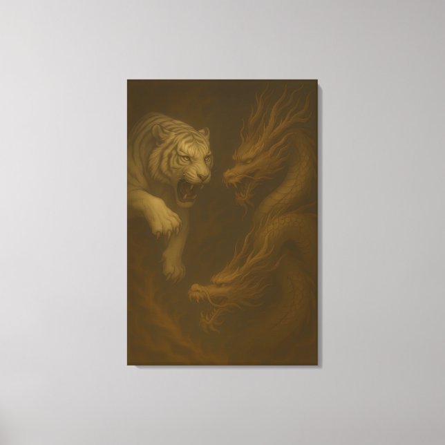 Impressão Em Tela Dragon vs White Tiger – Mystical Fantasy Wall Art  (Frente)