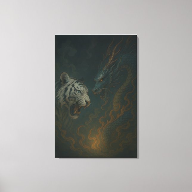 Impressão Em Tela Dragon vs White Tiger – Mystical Fantasy Wall Art  (Frente)