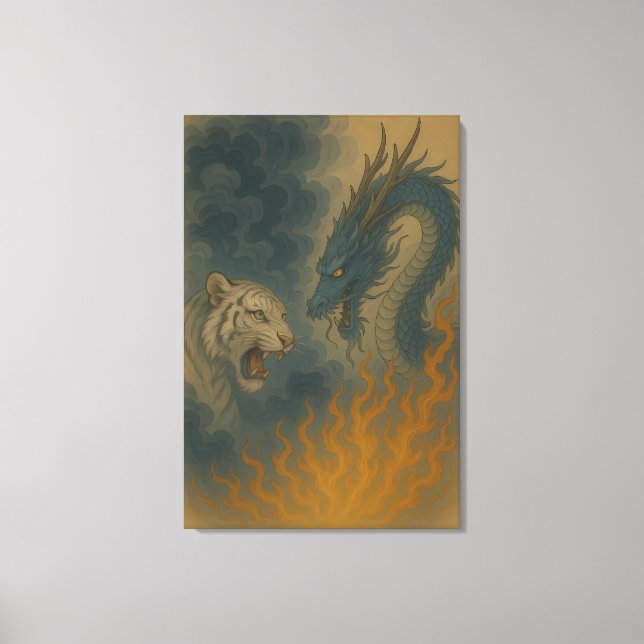 Impressão Em Tela Dragon vs White Tiger – Mystical Fantasy Wall Art  (Frente)