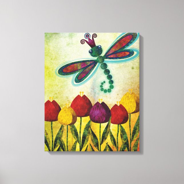 Impressão Em Tela Dragonfly Sobre Tulipas (Frente)