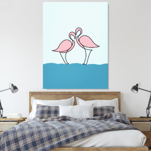 Impressão Em Tela Duas Flamingos Rosa no Desenho da Linha de Água
